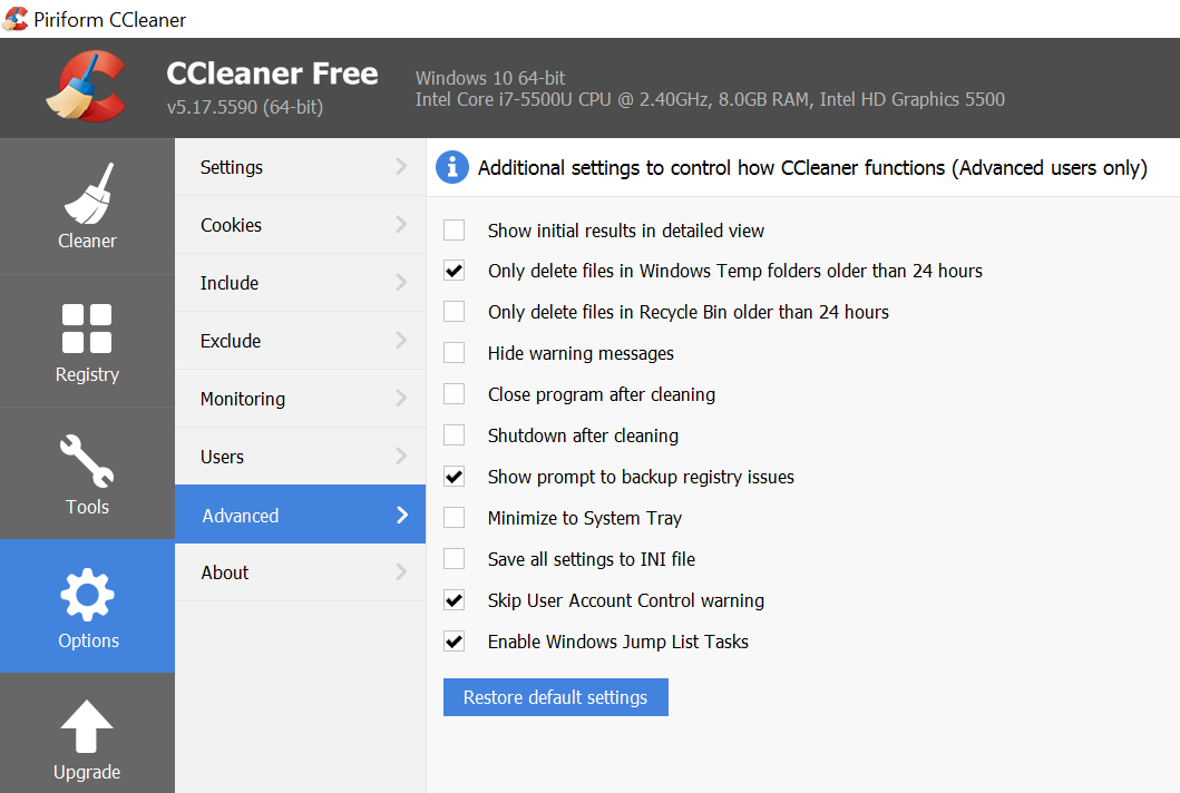 options in ccleaner for windows 10